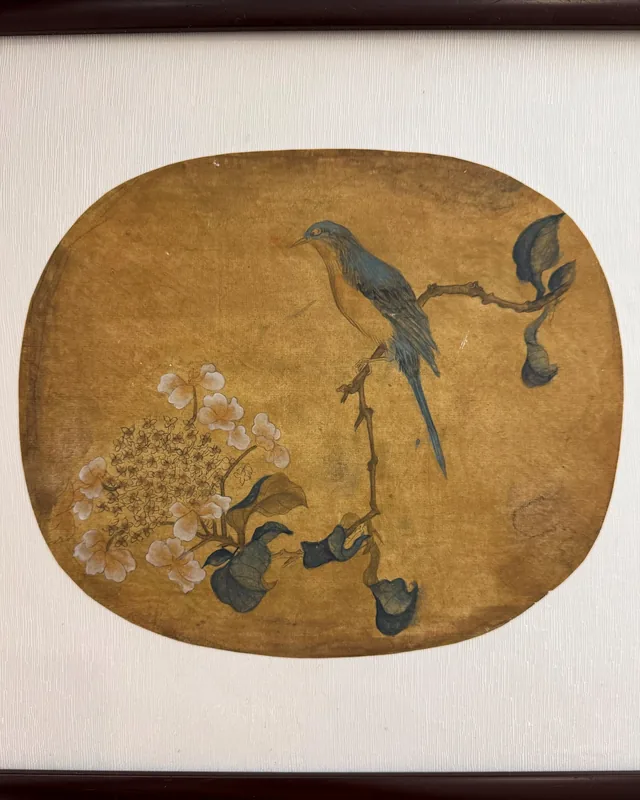 Song-Style Grapes and Dragonfly, 2017, Ink on Antique-Simulated Silk (Oval Palace Fan)