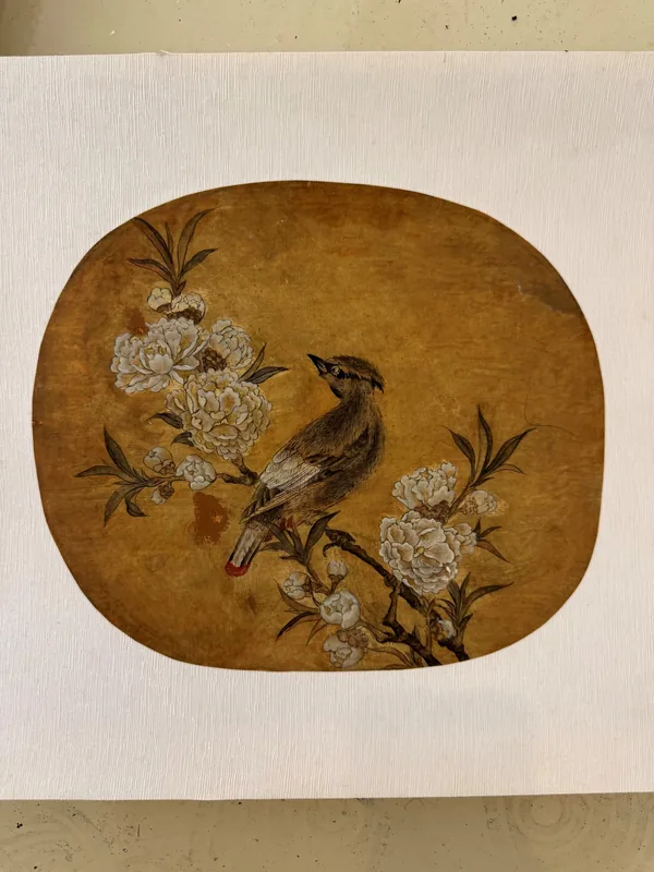 Crabapple and Singing Bird, 2017, Light Color on Antique-Simulated Silk (Oval Palace Fan)