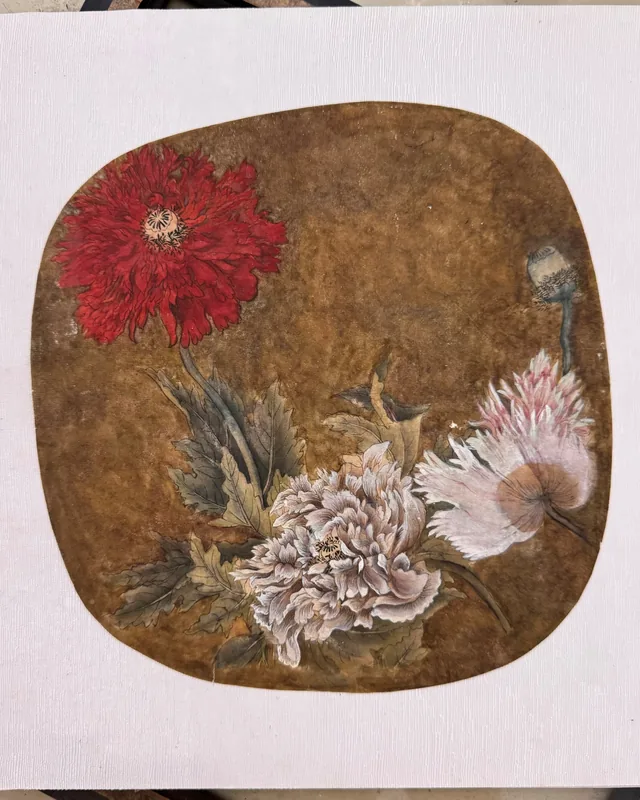 Camellia and Butterfly, 2017, Light Color on Antique-Simulated Silk (Oval Palace Fan)