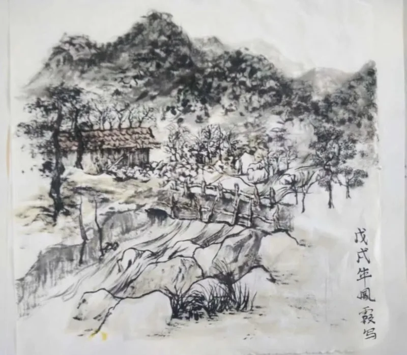 Mountain Dwelling by Stream, 2018, Ink on Semi-Raw Rice Paper