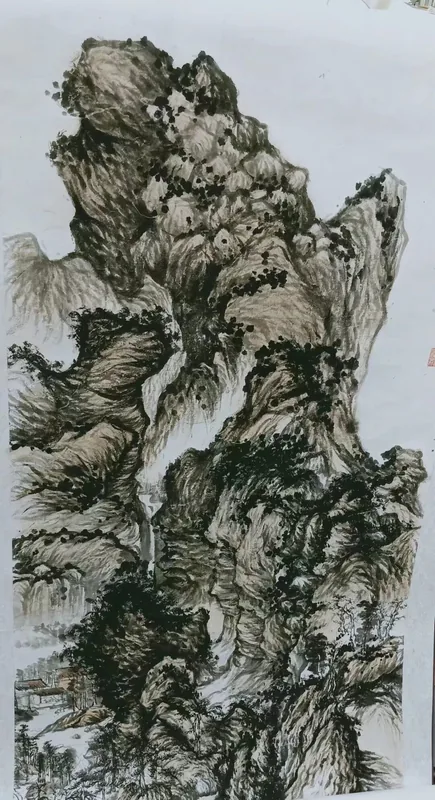 Layered Cliffs and Waterfall, 2018, Tinted Ink Landscape Vertical Scroll