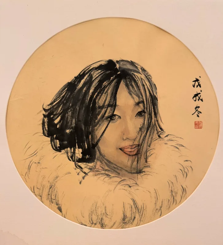 Late Winter Lady, 2018, Colored Ink on Antique Round Cardboard