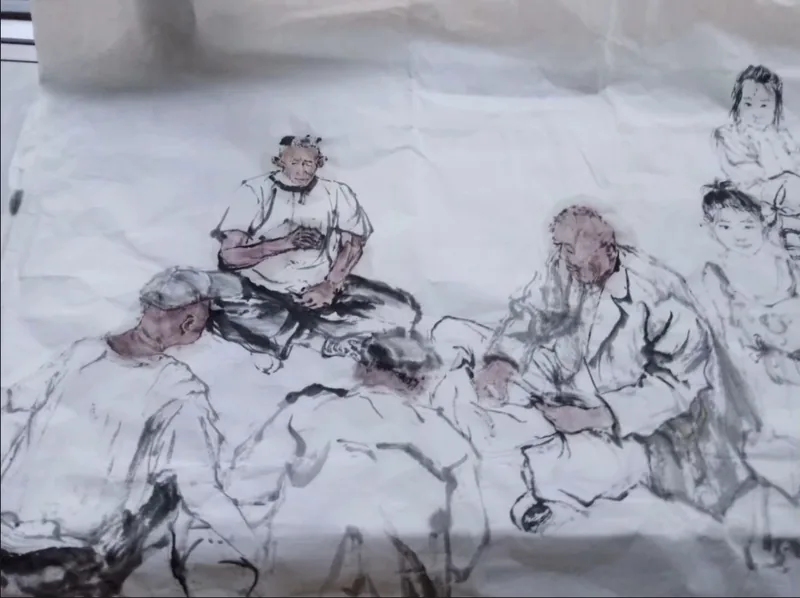 Village Casual Chat, 2018–2019, Ink group figure painting on large rice paper