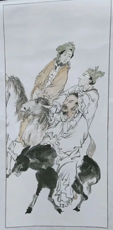 Travel on Horseback, 2018–2019, Mounted vertical scroll rice paper, light-color freehand painting
