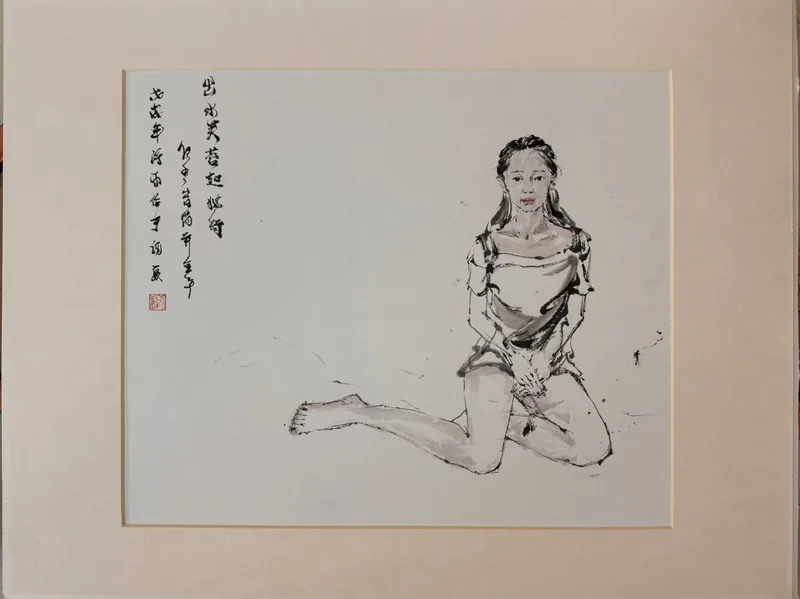 Seated Life Drawing of Human Body, 2018–2019, Framed square rice paper card, ink life drawing